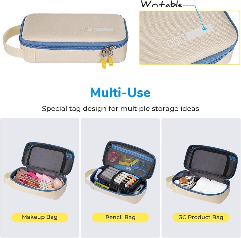 ECHSRT Pencil Case for Men Women, Large Pen Bag for Adults, Portable Pencil Pouch Aesthetic with Handle, Zipper Cases for Office Organizer Beige - Image 3